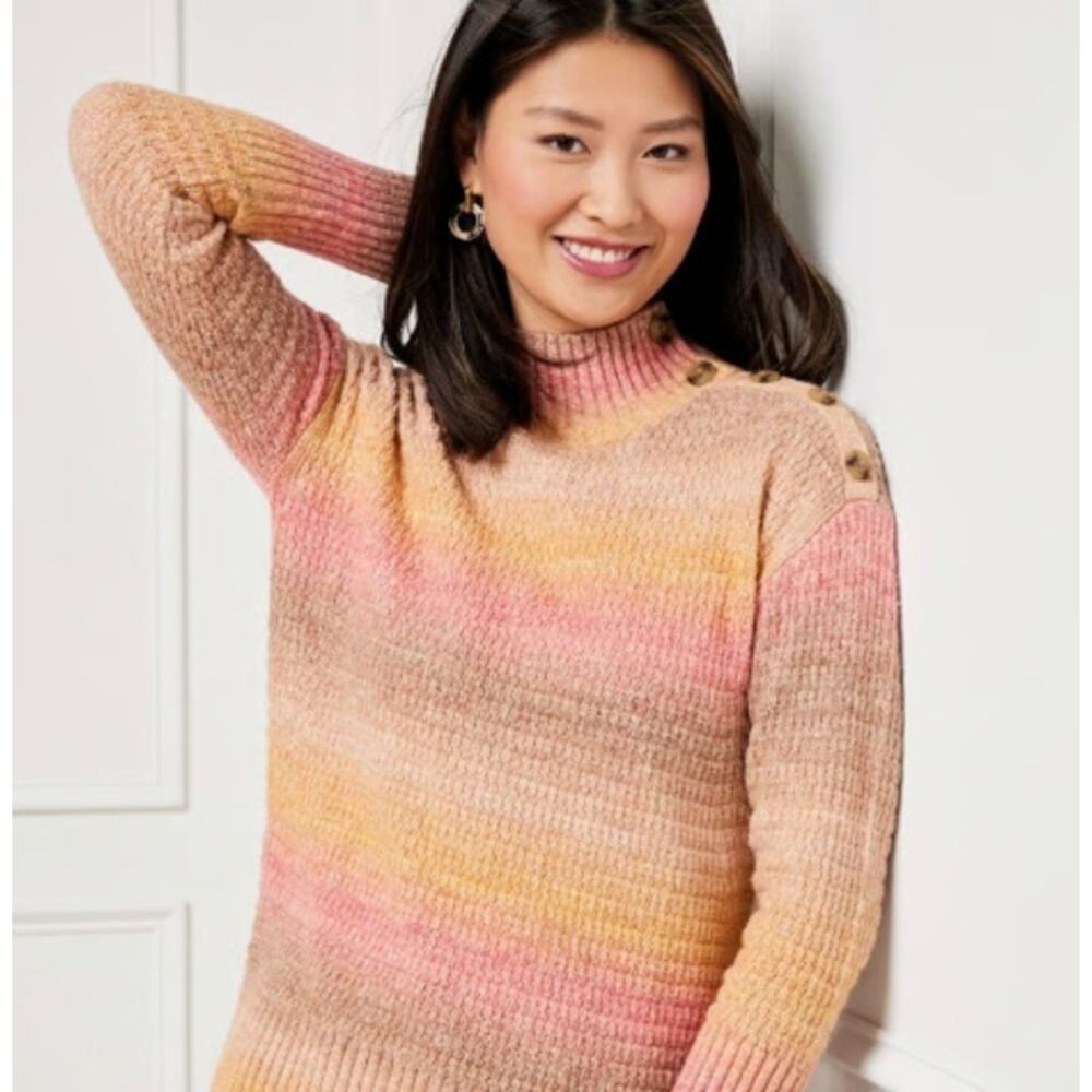 Talbots Mock Neck‎ Sweater Button Detail Ombre Stripe Orange Pink Tan Cotton M